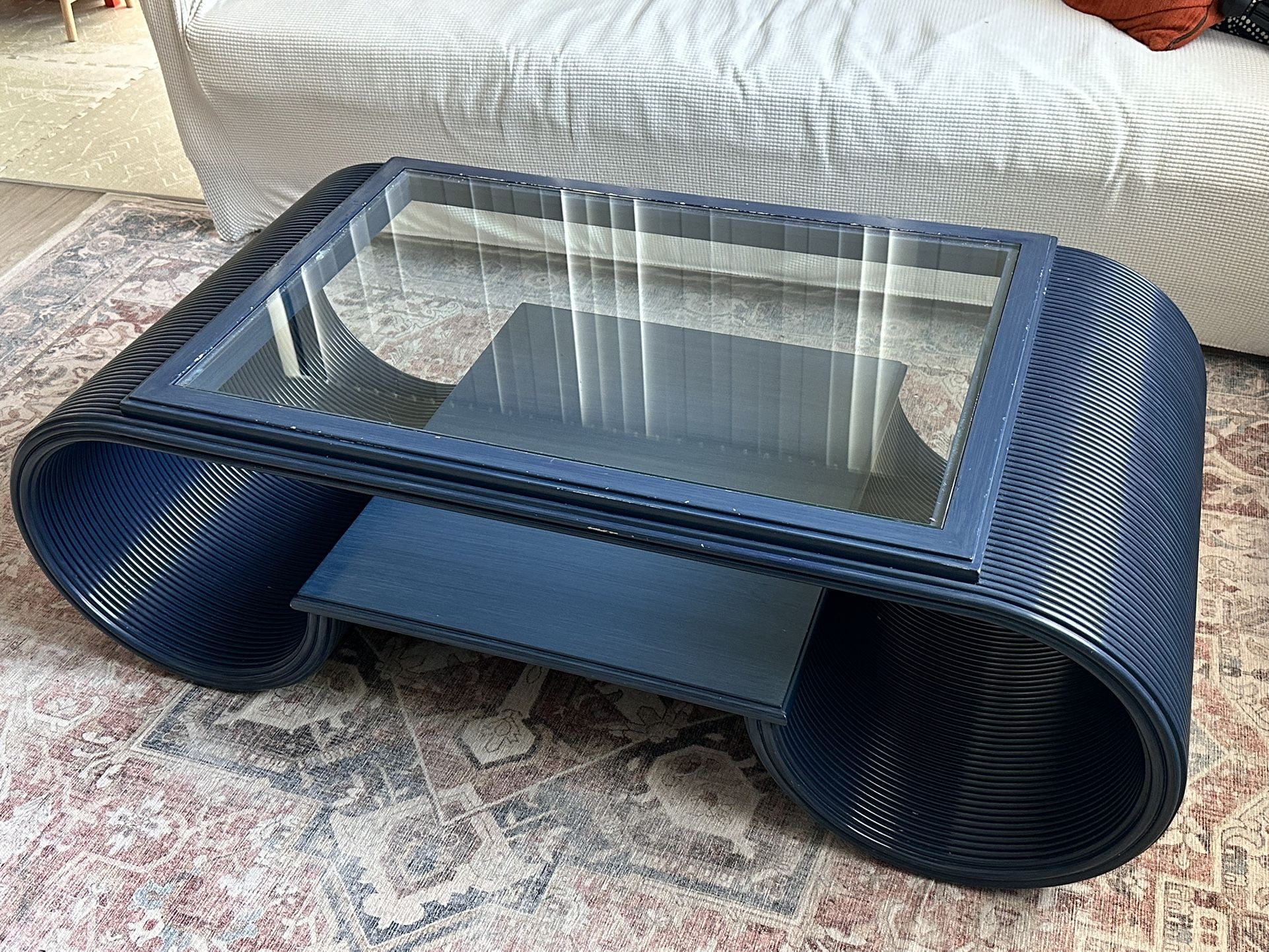 Vintage Coastal Lacquered Pencil Reed Scroll Coffee Table Navy Blue