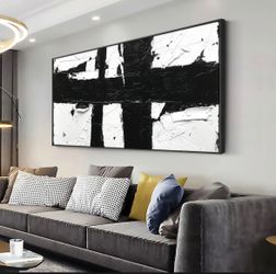 Large Black and White Abstract Canvas Painting 40”X20”
