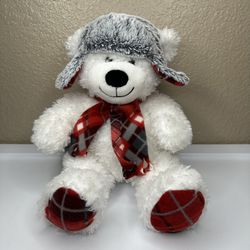 Gentle Treasures 16" Bear Plush White Fleece Scarf Gray Hat Stuffed Animal
