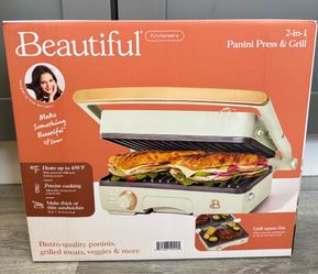 Beautiful 2-in-1 Panini Press & Grill with Detachable Plates, Sage Green by Drew Barrymore