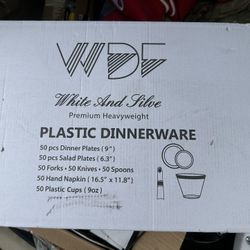 WDF Partyware 350Piece Silver Plastic Dinnerware Set for 50 Guests - Silver Plastic Plates with Cutlery Include:50Dinner Plates-50Dessert Plates-50Pre