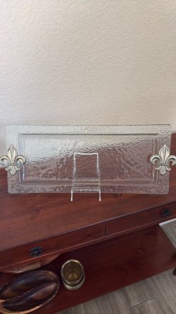 Modern Textured Glass Serving Tray with Silver Handles