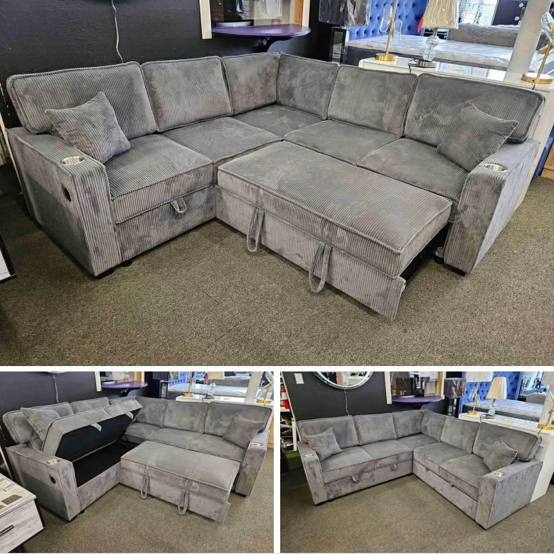 New Sleeper Sectional Couch with USB, Cup Holders and Storage! Free Delivery 🚚!