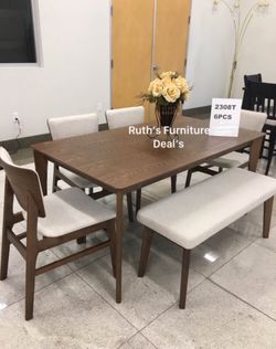 6-Pc dining table set with bench walnut finish