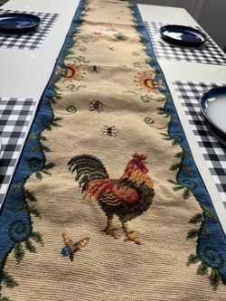 French Provincial Needlepoint Table Linens rooster table runner 108”x14”