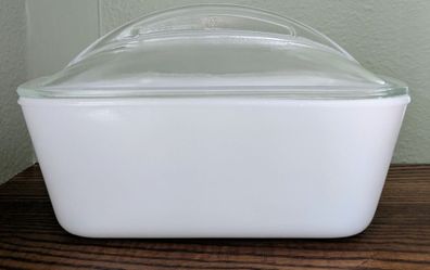 Vintage Westinghouse Loaf pan, bread pan, white milk glass with clear glass covers.