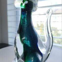 Vintage Murano Glass Cat Mid Century Green, Blue, & Clear