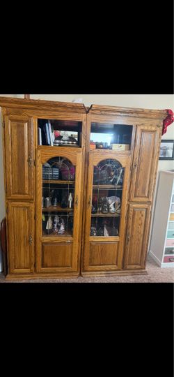 Oak Wood Display Cabinet with Glass Doors