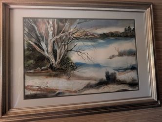 Landscape Watercolor, Winter Mountain Lake (Artist signed)