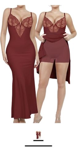 Popilush Lace Shaper Dress Built in Shapewear Deep-V Neck Satin Drape Slip Split Maxi Dress Bodycon Evening Long Dress