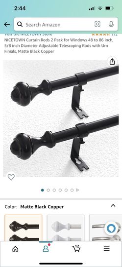 NICETOWN Curtain Rods 2 Pack for Windows 48 to 86 inch, 5/8 inch Diameter Adjustable Telescoping Rods with Urn Finials, Matte Black Copper