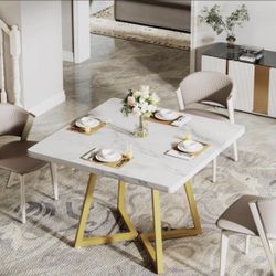 Tribesigns Square Dining Tab le for 4 - 31.5" Industrial Dinner Tabl e with Metal Base, White & Gold
