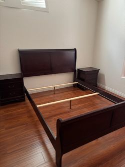 Bed frame full sized wooden with bedside tables