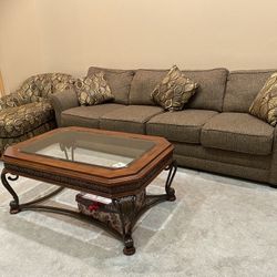 Sofa And Chaise With Wood, Glass & Metal Coffee Table