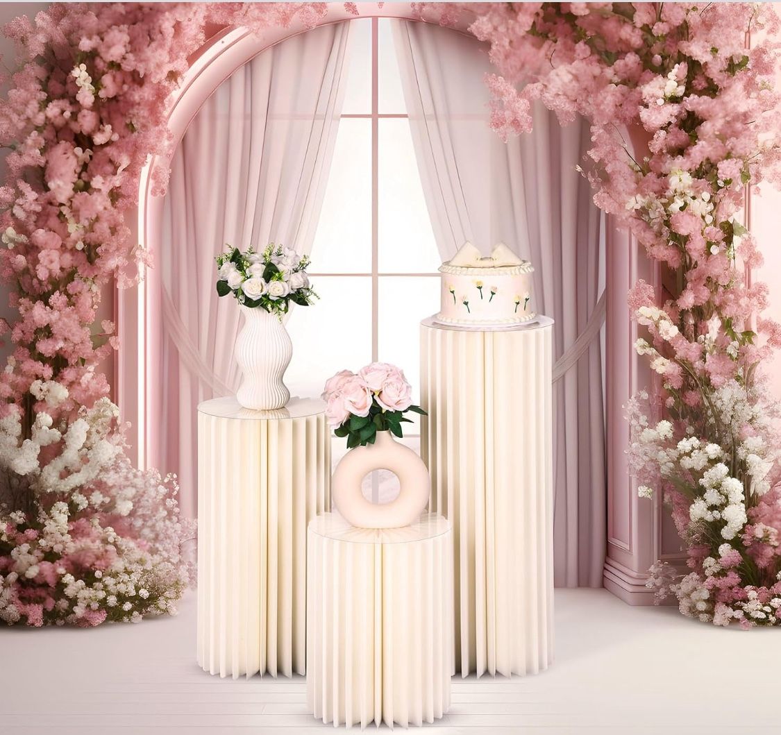 Spiareal 3 Pieces 15.7/23.6/31.5 Inch Cylinder Party Stand, White Cardboard Folding Columns, Pedestal Display, Round Columns, Pillars, Cylinders, Part