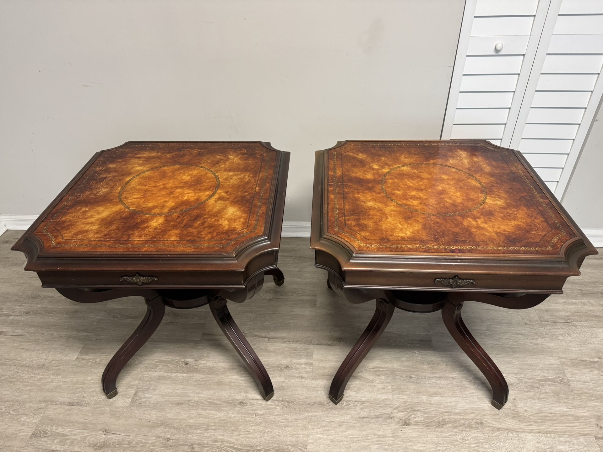Antique Tooled Leather Top Side Tables Or Nightstands! Beautiful Mahogany Wood! CAN DELIVER!