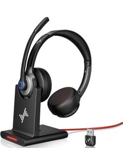 Wireless Headset with AI Noise Cancelling Microphone Bluetooth Headset - Bluetooth V5.2 Headphones with USB Dongle, Charging Base & Mic Mute for Compu