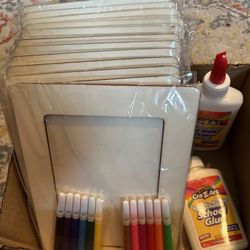 Lot Of 12 Blank Wooden Frames for Crafts DIY, 2 Glue, and 2 Sets of mini markers 