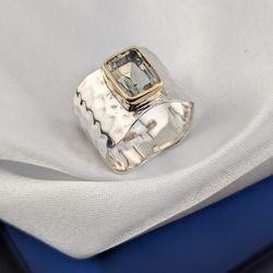 🤍🩶💛925 Hammered Silver Wide Band Ring w/ Gold Vermeil Bezel – Glass Gem, 💎