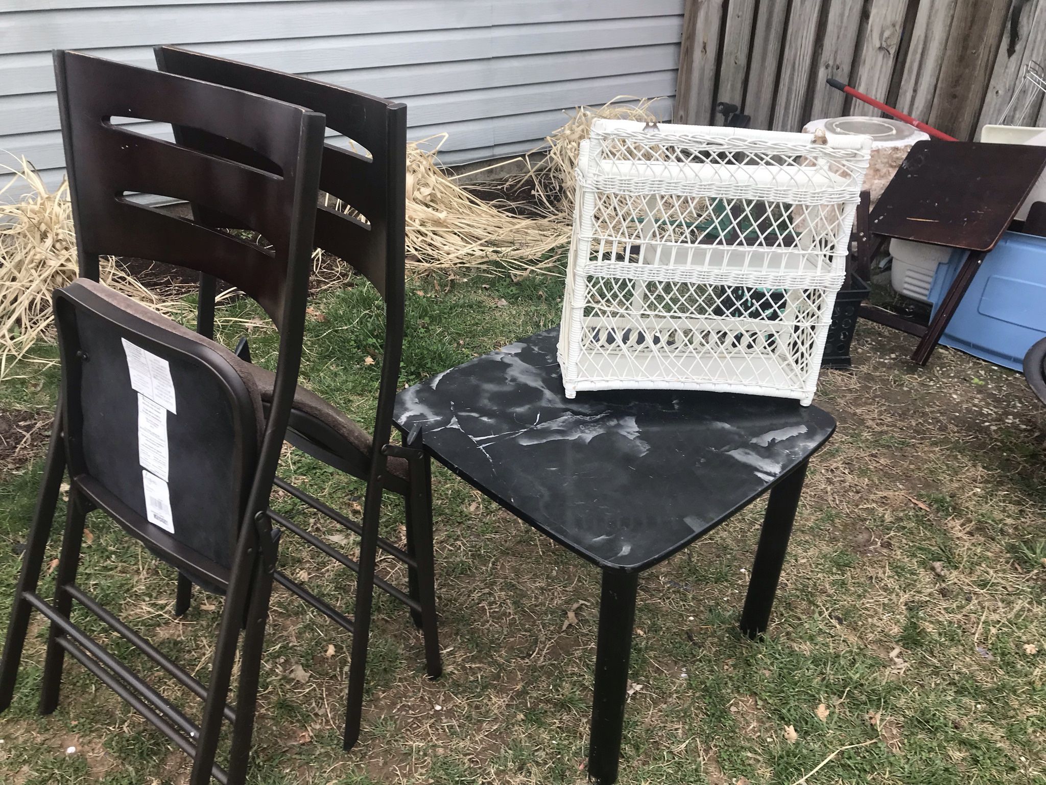 Two Good Quality Folding Chairs , With A Small Table And A Wall Shelf (NO SHIPPING)