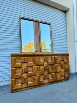 Brutalist Mid Century Modern Oak Dresser With Mirror