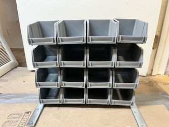 16-bin parts organizer with custom rack/stand.