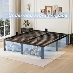 Queen Bed Frame with Round Corner Legs and Headboard Hole Mattress Slide Stopper 3500 lbs Heavy Duty Metal Platform,Steel Slats S