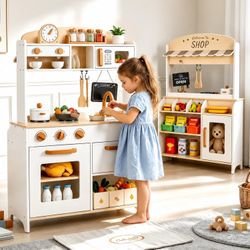 2-in-1 Kids Wooden Play Kitchen & Grocery Store
