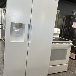 New White Side By Side Refrigerator And Electric Stove 