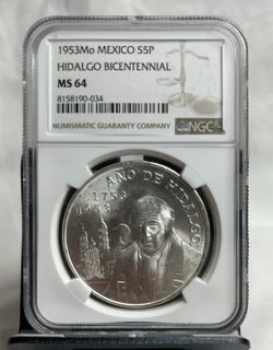 1953 México 5 Pesos Silver Hidalgo Bicentennial Commemorative NGC  MS 64