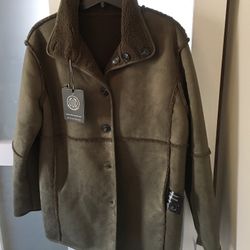 Nordstrom Woman’s Coat New Olive/Brown Faux Suede and Sherpa