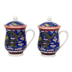 NY: Pair of Vintage Chinese Blue Porcelain Lidded Dragon Tea Cups