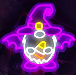 A ghost wearing a witch hat and bat wings, with purple and white LED lights neon sign
