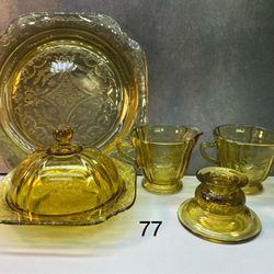 Lot of (5) Vintage Federal Madrid Amber depression Indiana Glass Butter Dish & Cover, Sugar & Creamer Glass Yellow Gold Footed Pedestal Swag Crest Rib