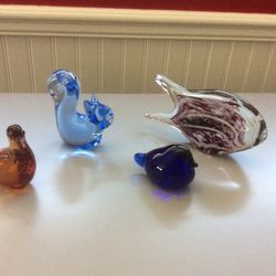 Glass. Vintage Paper Weights, Blue 3” Squirrel, Chubby Little Blue Bird , Amber Art Glass Winged Bird, Purple Striped Fish 
