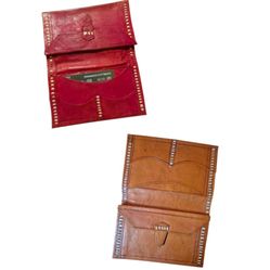 2 Handcrafted moroccan leather Wallet VTG Bifold Embossed Stitch HandTooled New
