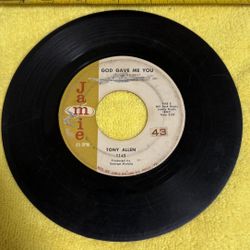45 RPM vinyl record of the song "God Gave Me You" by Tony Allen, released on the Jamie label. 