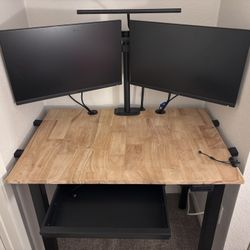 Office Workstation - Adjustable Desk, 24-in Monitors, Monitor Stand, Arm, Webcam, Upholstered Chair, Mounted Shelf, Under Desk Drawer, Clamp LED Lamp