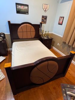 Full size boy youth teen basketball wooden bed with frame, headboard, and footboard