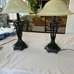 2 Lamps Antique Bronze Iron Base With Faux Marble Alabaster Glass Shades