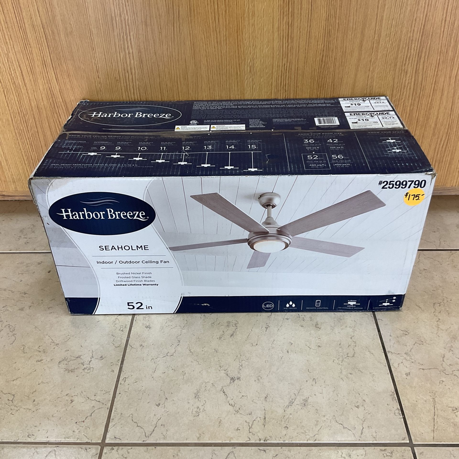 HARBOR BREEZE 52” SEAHOLME INDOOR/OUTDOOR CEILING FAN.