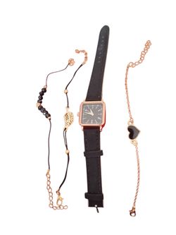 New Women's black quartz watch with three bracelets
