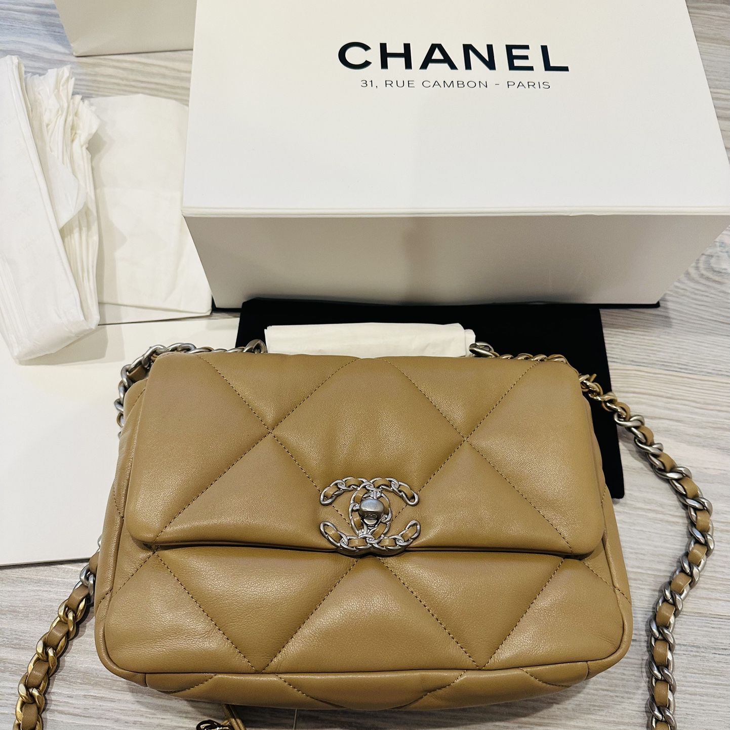Chanel 19 beige lambskin CC chain crossbody bag small NEW WITH BOX for Sale  in Silver Spring, MD - OfferUp