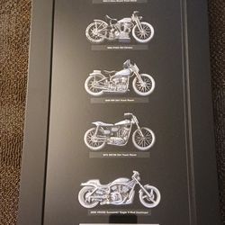 2009.  5 Harley Davidson motorcycles in glass wall hanging frame 25 ins high by 12 ins wide collectible brand new still 