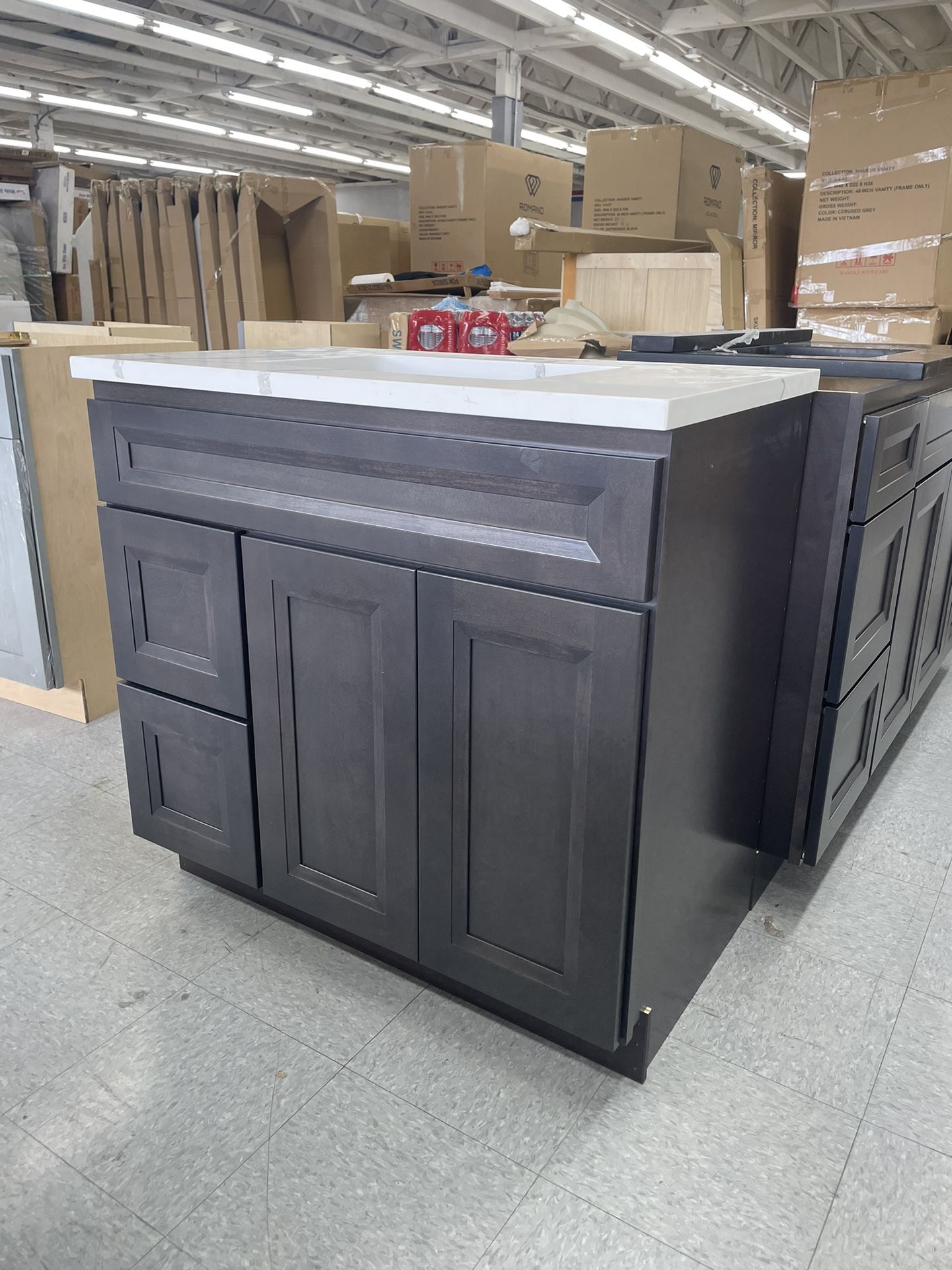 Bathroom Vanity Cabinet 36” Solid Birch Quartz Top With Sink And Backsplash