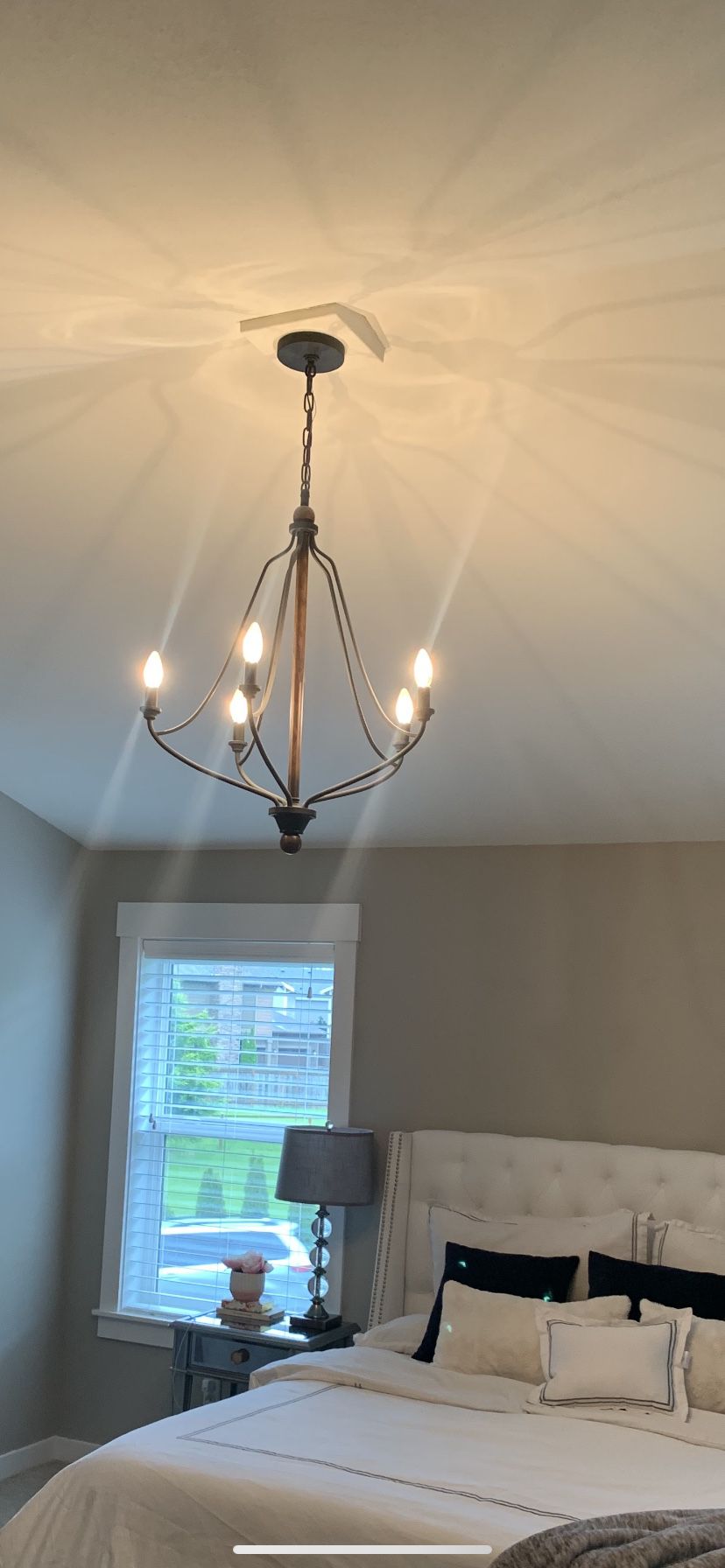 Wood and iron 5 light chandelier