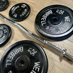 BRAND NEW Standard Curl Bar With Pairs Of 25s, 10s And 5s. (Total: 94 lbs)