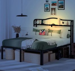 Black Metal Bed Frame with LED Headboard Shelf
