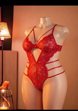 Red Plus Size Lace Strappy Teddy Lingerie Bodysuit Women One