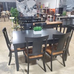 7 Pc Farmhouse Black/ Brown Farmhouse Dining Set (New)